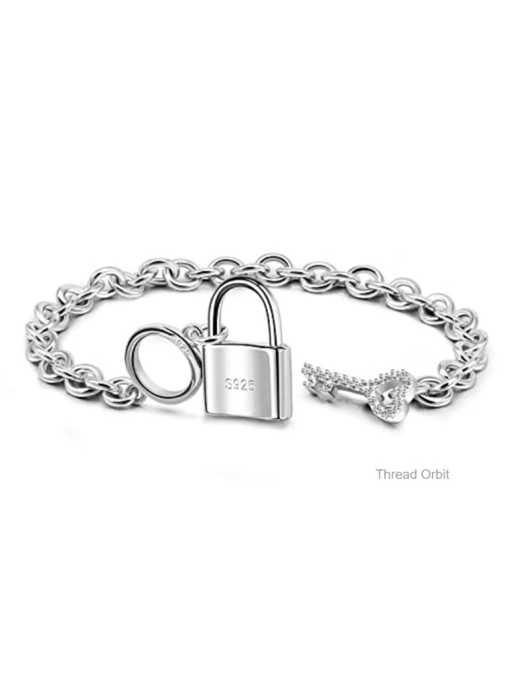925 Sterling Silver Key Lock Pendant Rolo Chain Bangle Bracelet